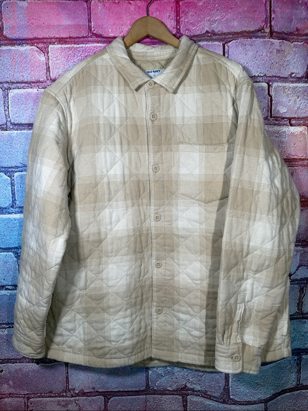 Old Navy Men’s XL Beige Quilted Shirt Jacket Shacket Plaid Lined